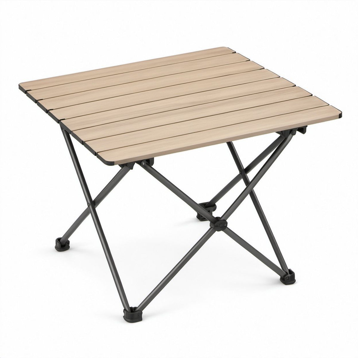 Klappbarer Campingtisch 70 x 70 x 70 cm, Beige/Schwarz, Aluminium in Holzoptik