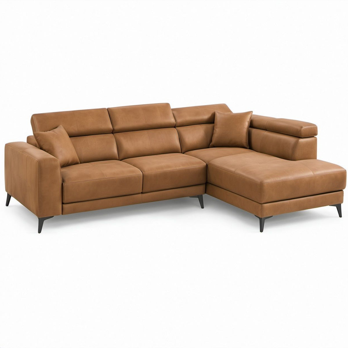 Ecksofa in L-Form mit Recamiere rechts, Cognac/Schwarz, 270 x 170 x 86 cm