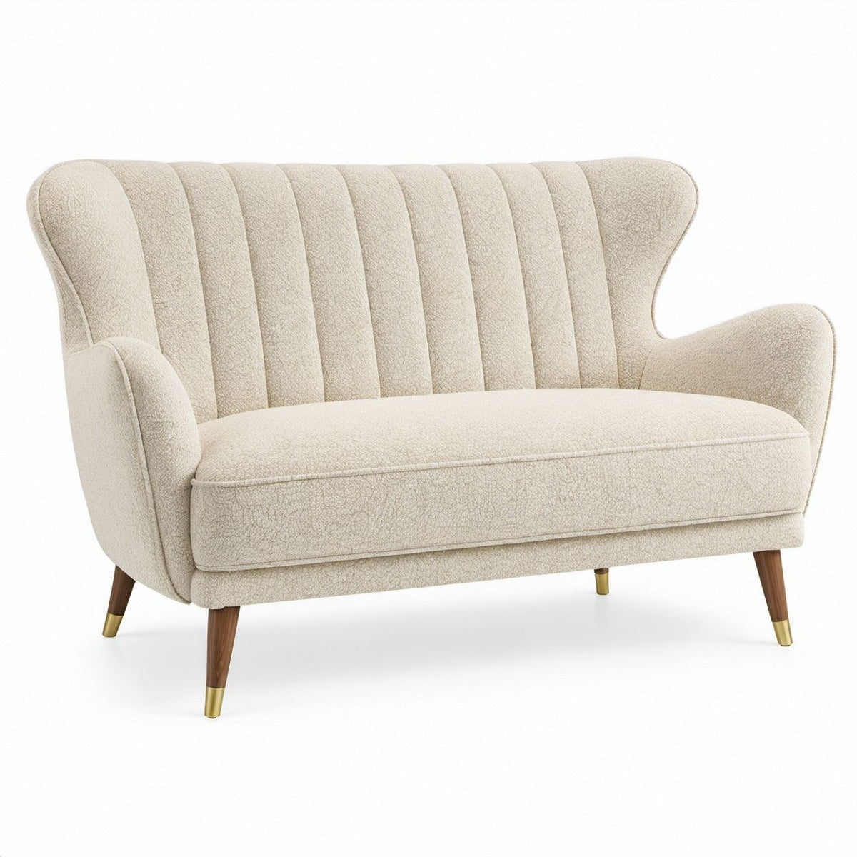 Zweisitzer-Sofa mit Armlehnen aus Creme-Bouclé-Polyester, Walnussbraun und Gold, 140 x 80 x 90 cm