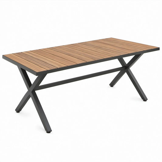 Rechteckiger Tisch Braun/Schwarz aus Aluminium und WPC, 180 x 90 x 75 cm