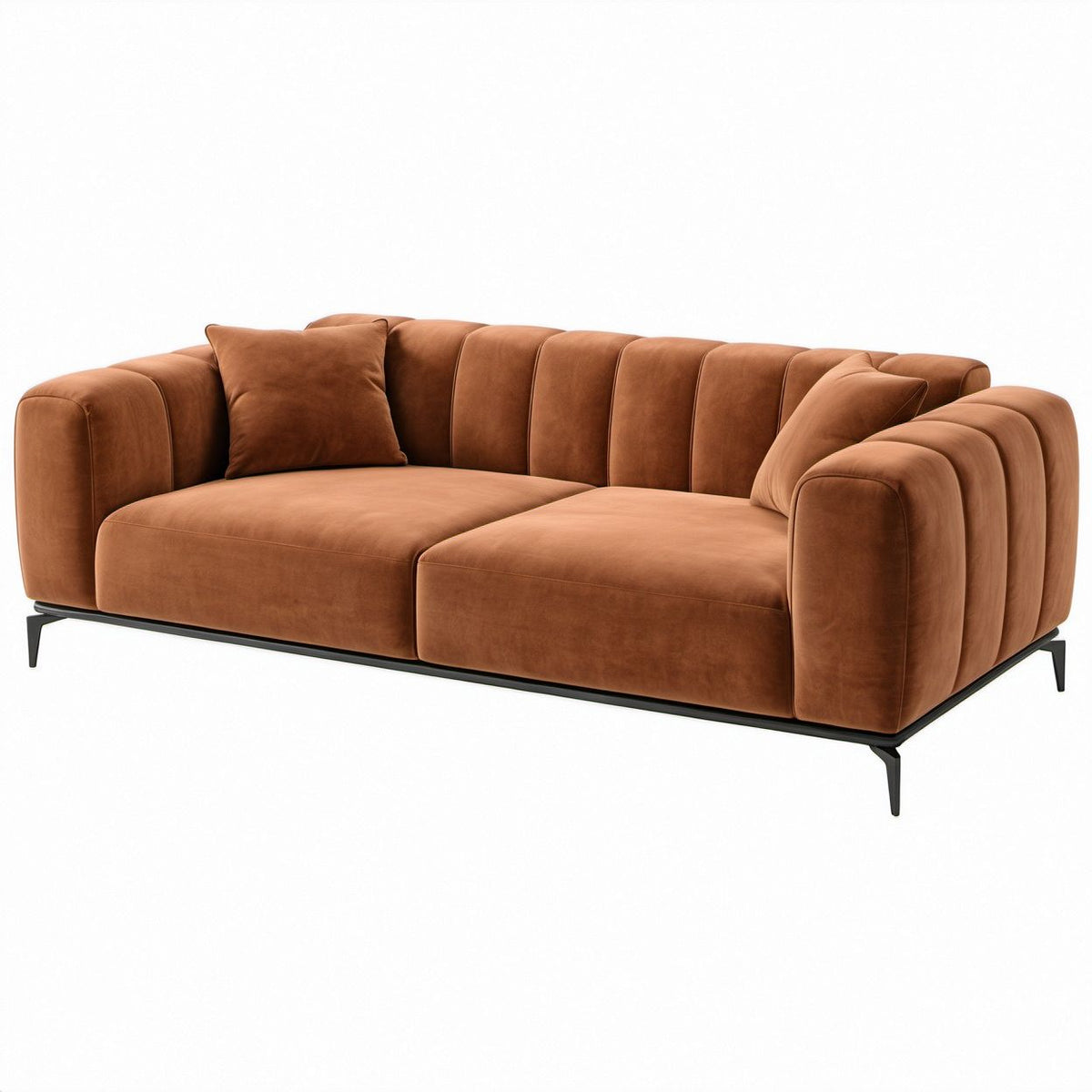 2-Sitzer-Sofa aus braunem Polyester-Samt mit schwarzen Stahlfüßen, 230 x 98 x 82 cm