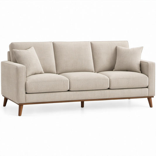 3-Sitzer-Sofa Beige/Braun mit Polyesterbezug und Massivholzfüßen, 220 x 90 x 85 cm