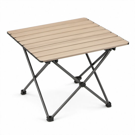 Klappbarer Campingtisch 70 x 70 x 70 cm, Beige/Schwarz, Aluminium in Holzoptik