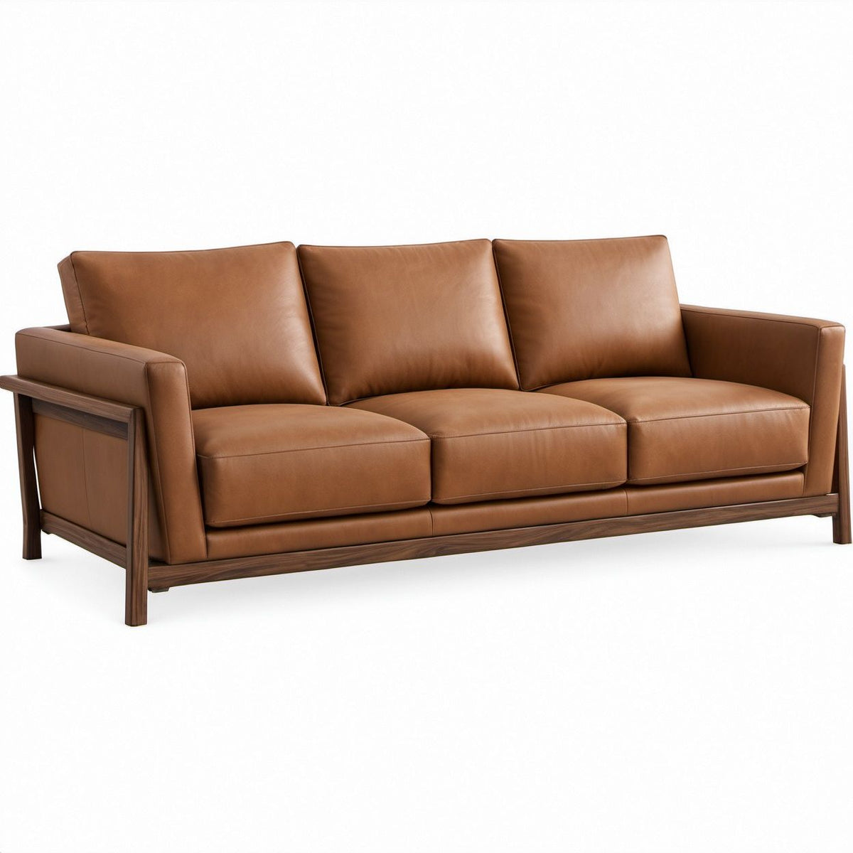 3-Sitzer-Sofa in Cognacbraun mit PU-Kunstleder und dunkelbraunem Holzrahmen, 220 x 90 x 86 cm