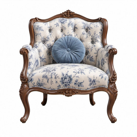 Klassischer Ohrensessel mit Blumenmuster, Cremeweiß/Hellblau/Dunkelbraun, 95 x 85 x 110 cm