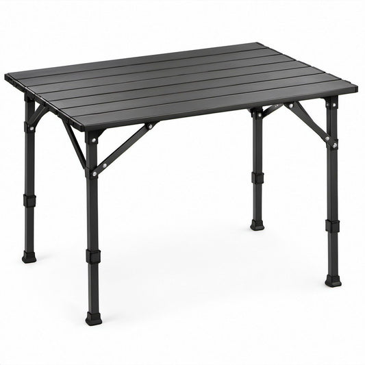 Klappbarer rechteckiger Campingtisch aus Aluminium, Schwarz, 120 x 60 x 55–70 cm, höhenverstellbar