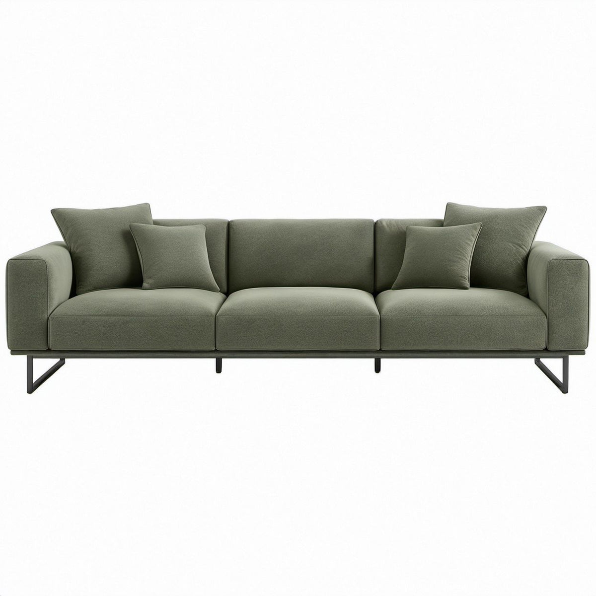 Gerades 3-Sitzer-Sofa in Olivgrün mit Polyesterbezug und schwarzen Stahlfüßen, 230 x 90 x 85 cm