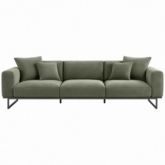 Gerades 3-Sitzer-Sofa in Olivgrün mit Polyesterbezug und schwarzen Stahlfüßen, 230 x 90 x 85 cm