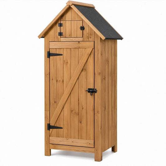 Gartenschrank aus massivem Tannenholz mit Satteldach, Naturbraun/Schwarz, 80 x 60 x 180 cm