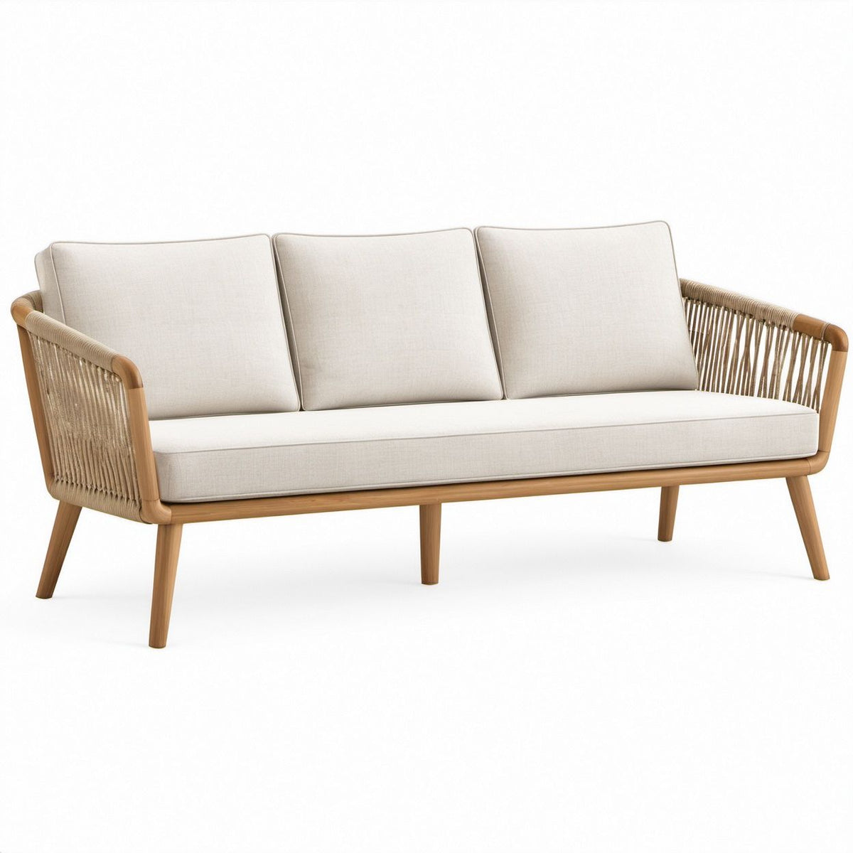 3-Sitzer-Sofa aus Akazien-Massivholz mit Polyesterseil, Beige/Naturbraun, 180 × 75 × 78 cm