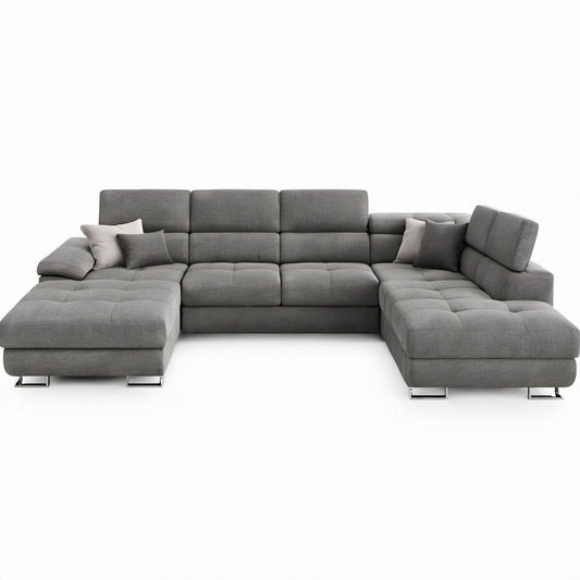 U-förmige Wohnlandschaft mit 2 Ottomanen, Grau/Hellgrau, 350 x 200 x 85 cm