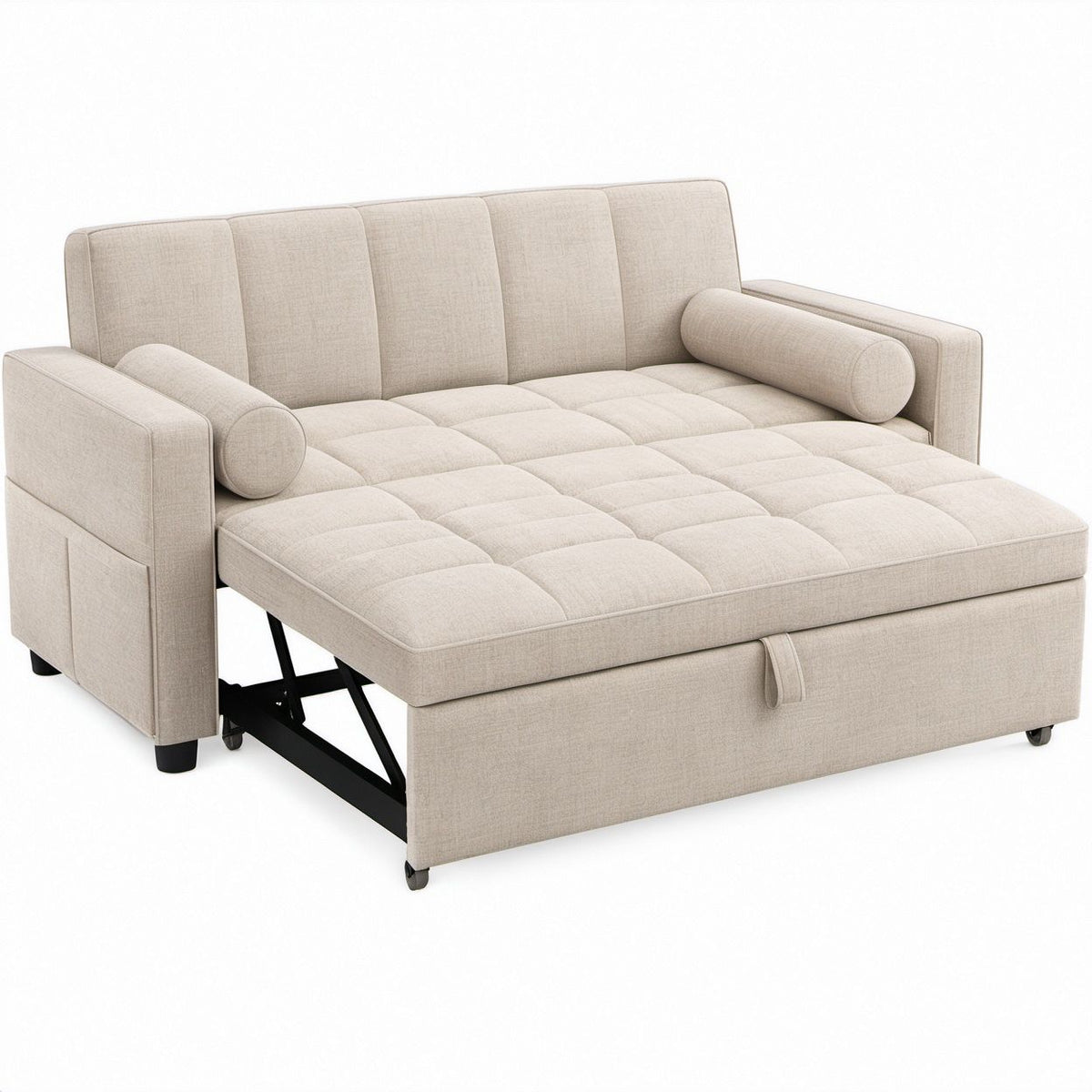 Beiges 2-Sitzer-Schlafsofa mit Ausziehbett, Stauraum und Zylinderkissen, 168 x 88 x 90 cm