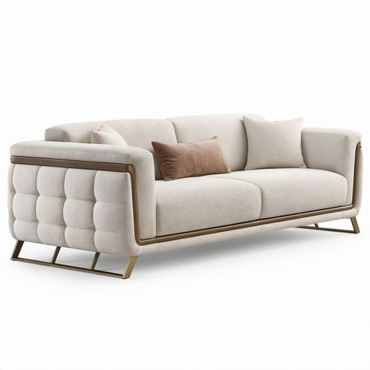 3-Sitzer-Sofa in Creme und Bronze, Bouclé-Polyester, Stahlgestell, 230 x 95 x 82 cm